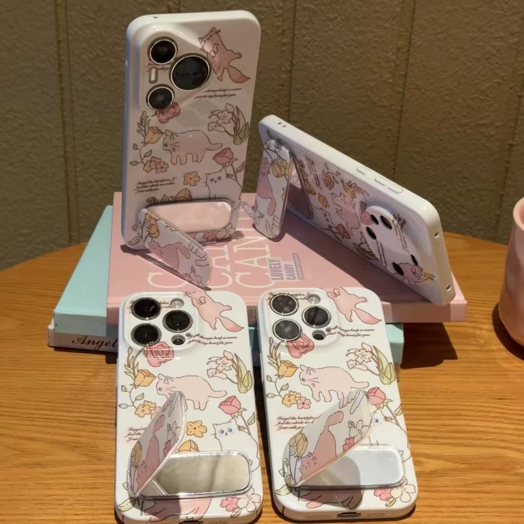 叮霖花园猫咪镜子支架适用苹果16菲林硬手机壳华为P70vivoppo小米