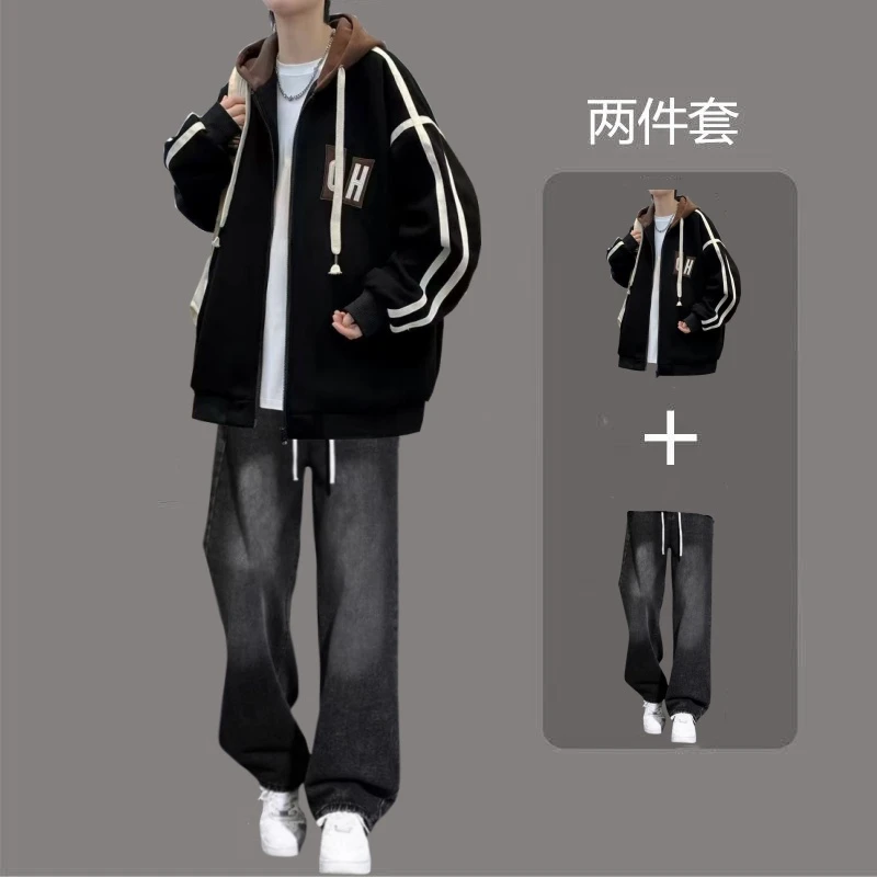 连帽外套套装秋冬季加厚夹克青少年潮流男装痞帅气穿搭一整套18岁