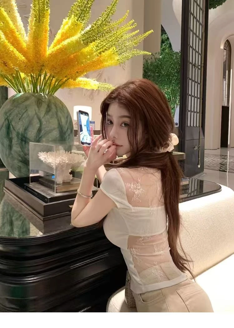 高级轻奢方领纯欲性感短袖吊带拼接蕾丝T恤包臀法式修身公主风