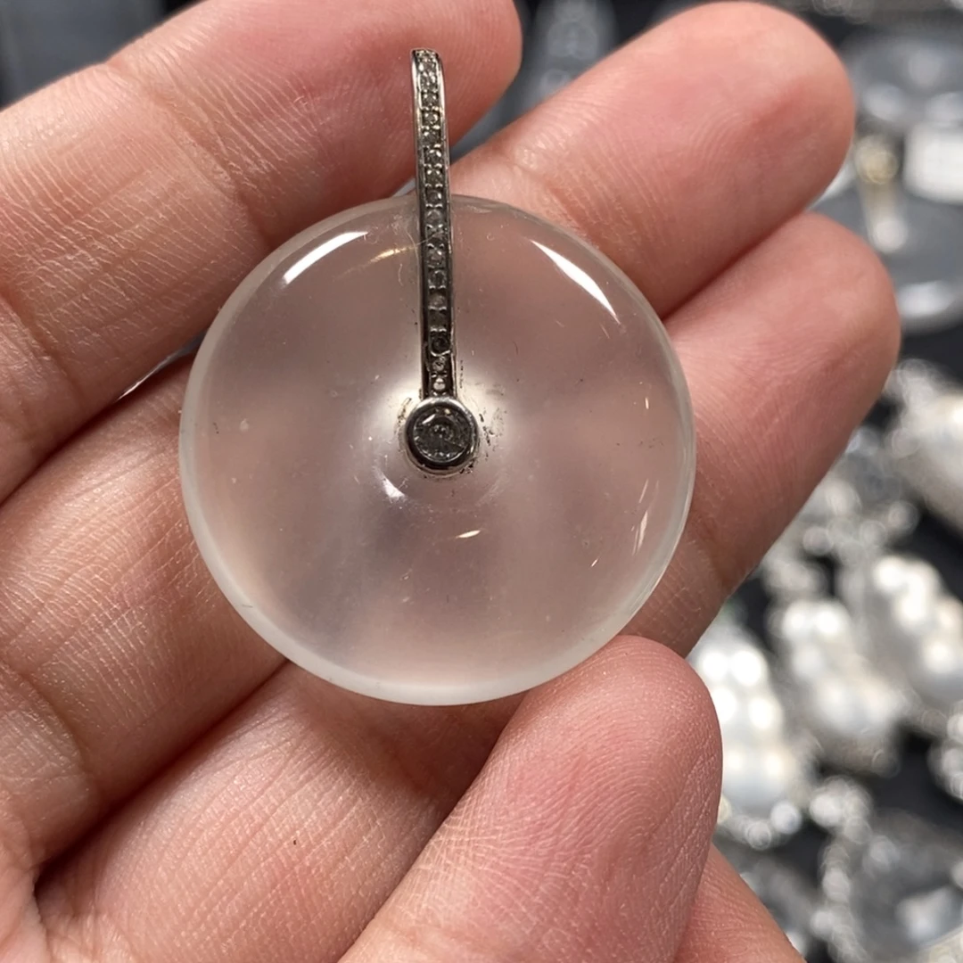 石英质玉银S925镶嵌颈饰带天然海草飘色扣子