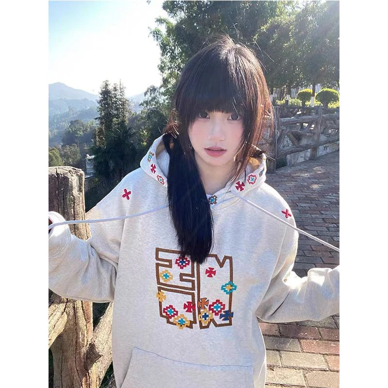 美式复古刺绣字母连帽卫衣女宽松百搭慵懒风秋冬季drew上衣#WY66