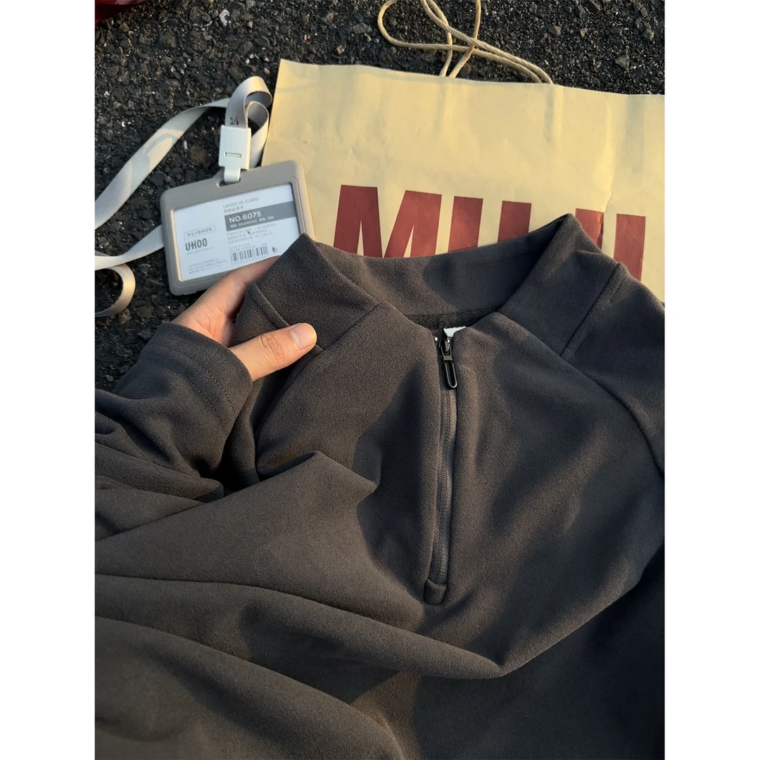 深灰色半拉链德绒打底衫男款秋冬纯色保暖高领T恤设计感美式内搭