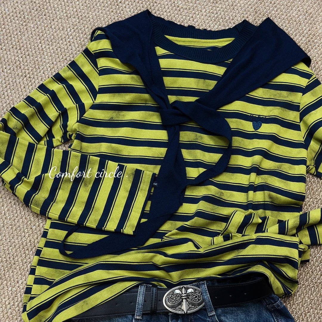 针织条纹夏季速干长袖长款春秋休闲心形圆领T恤韩版