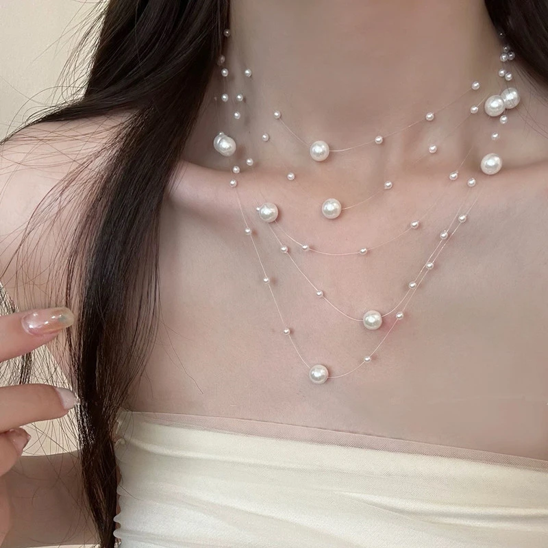 铜合金仿珍珠项链 满天星多层珍珠项链新款轻奢小众设计时尚锁骨