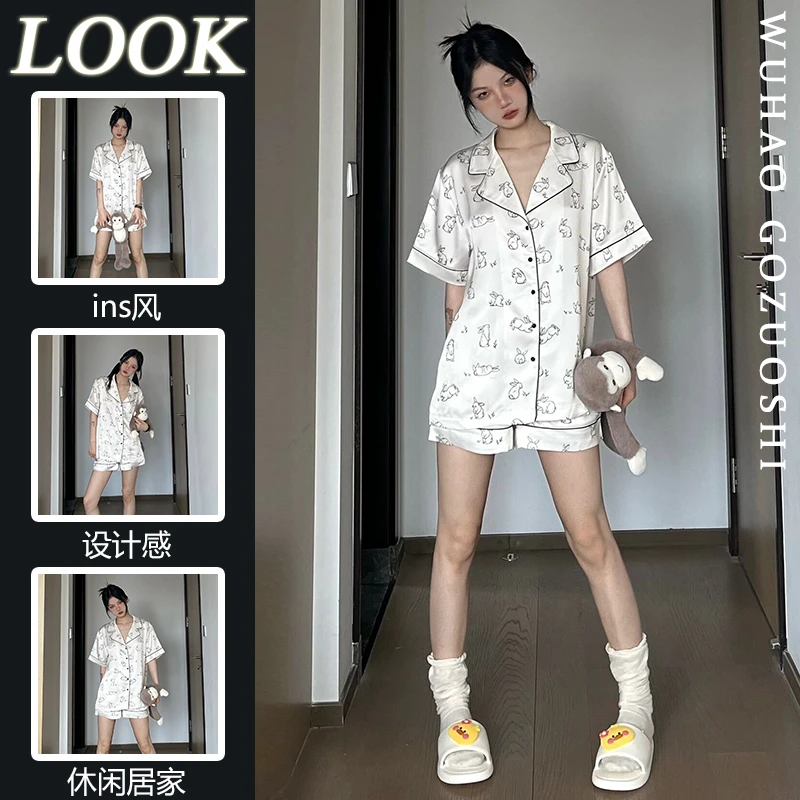 夏季睡衣女款爆款2025新款夏天冰丝短袖短裤外出可穿女士家居服D