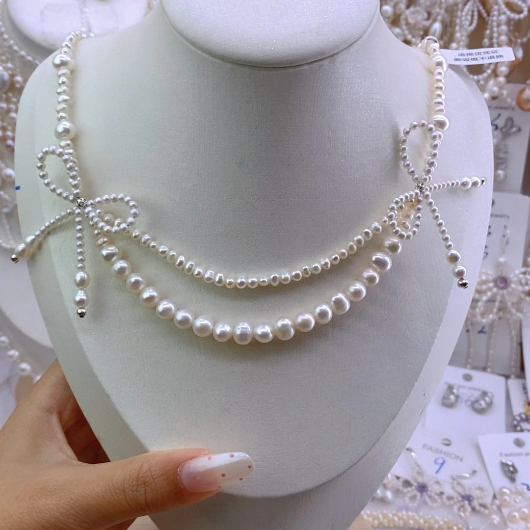 合金淡水珍珠双层蝴蝶结项链