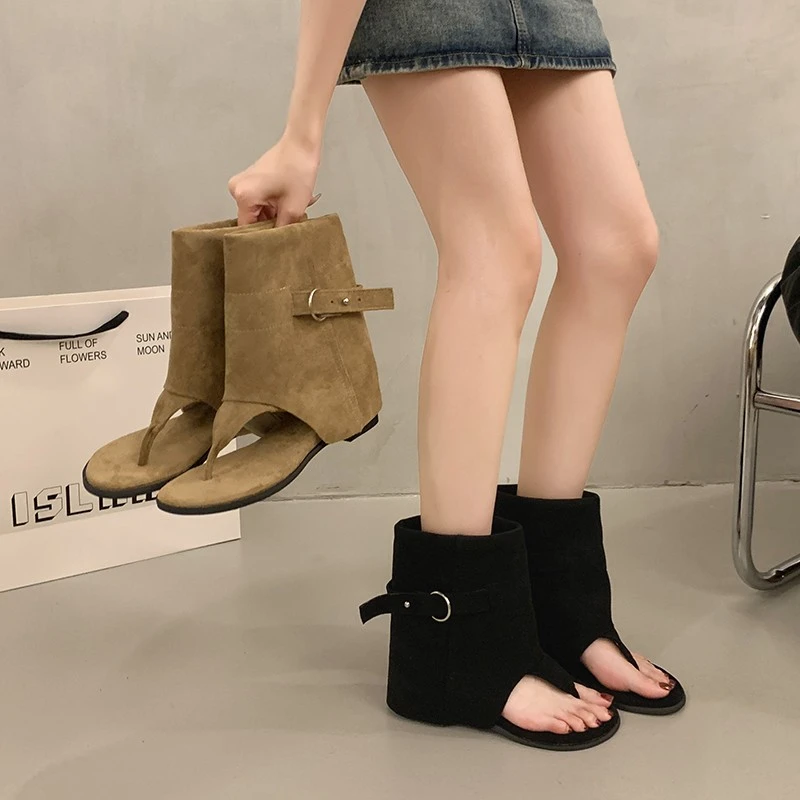 复古设计感内增高夹趾凉靴女2025夏季新款显瘦高帮凉靴