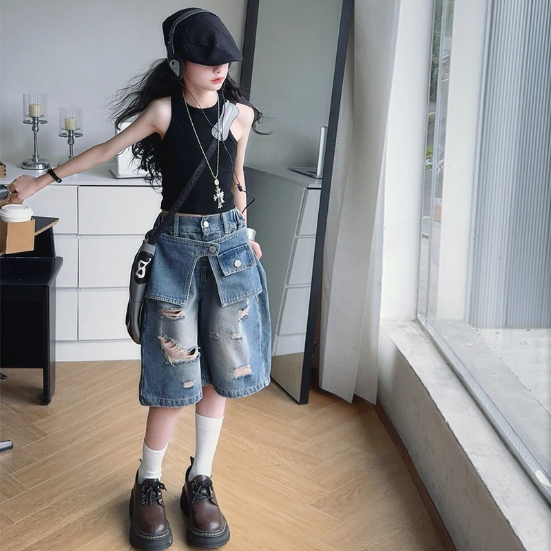 女童设计感牛仔裤夏季2025新款美式背心中大童时尚中裤儿童裤子潮