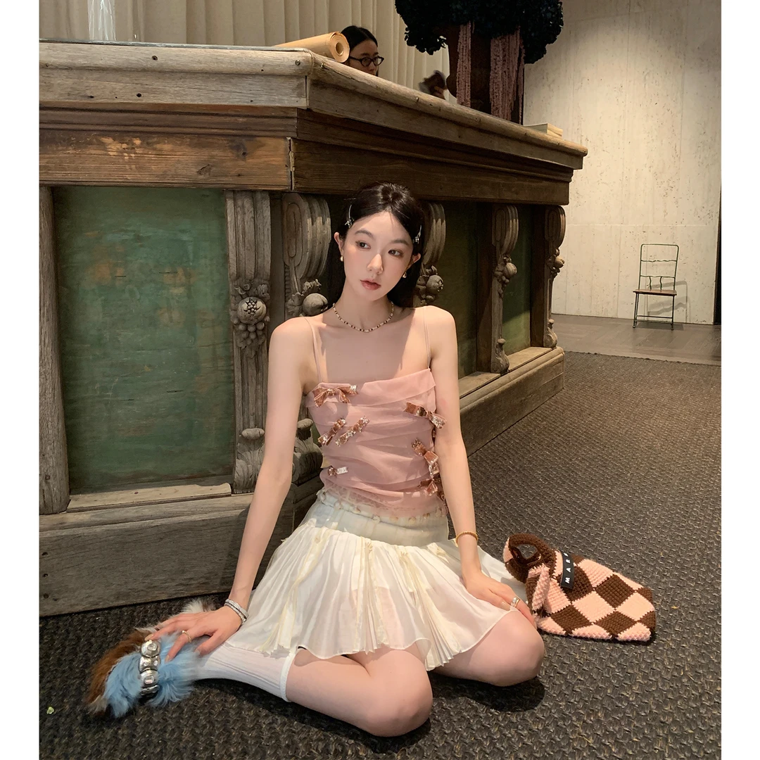 区区欧阳网纱无袖衬衫裙子女夏季套装新款气质小众修身小衫上衣