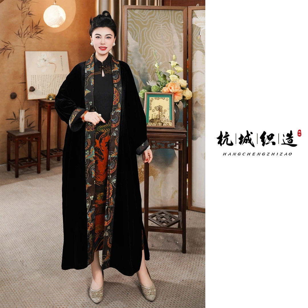 【西府海棠】100%桑蚕丝重缎真丝丝绒拼接开衫长款茶服