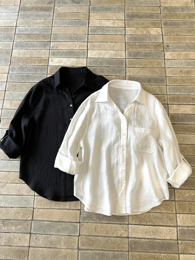 sese studio【韩版】天然100%亚麻V领老钱风衬衫