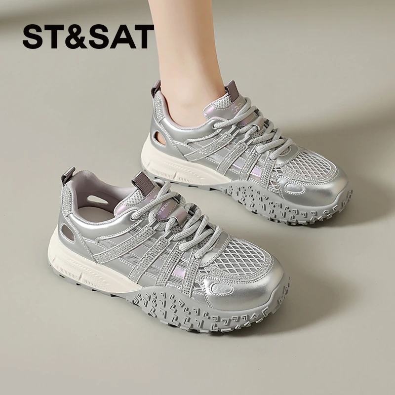 星期六撞色耐脏网面透气运动鞋2025年夏季女士德训鞋百搭休闲鞋