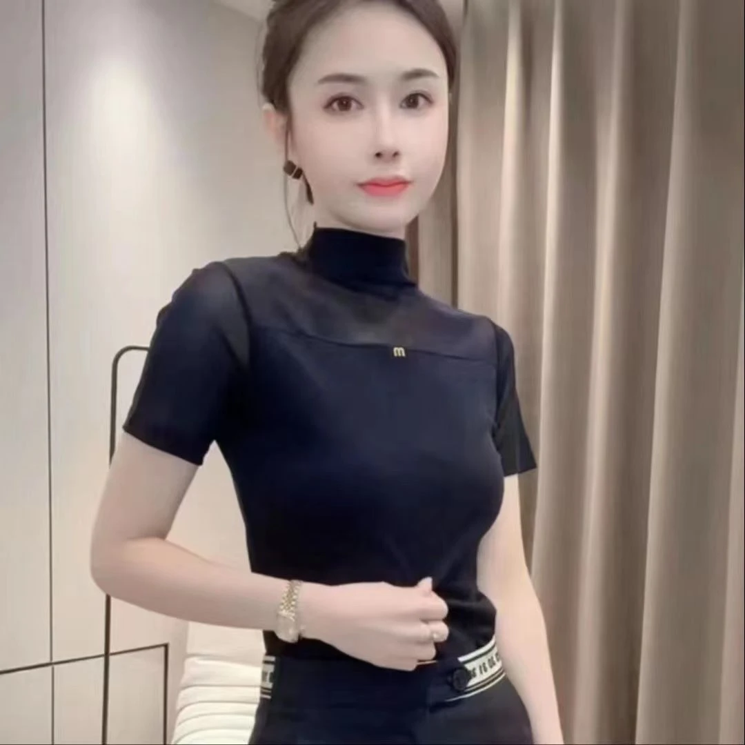 网纱黑色蕾丝短袖2025打底新款夏季T恤洋气显瘦高领修身上衣