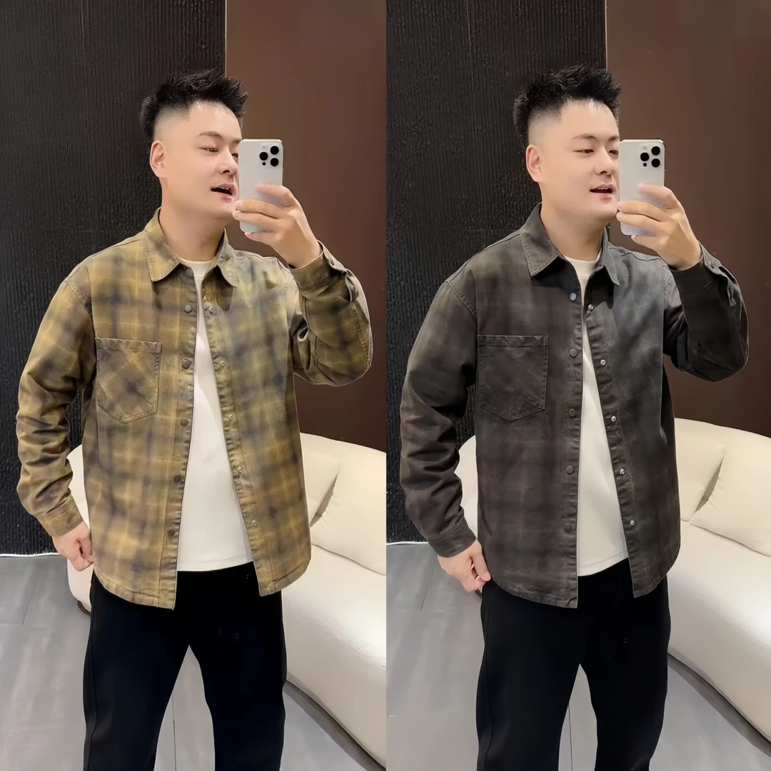 秋季新款格子衬衫翻领男士痞帅牛仔外套时尚百搭潮流修身韩版外套