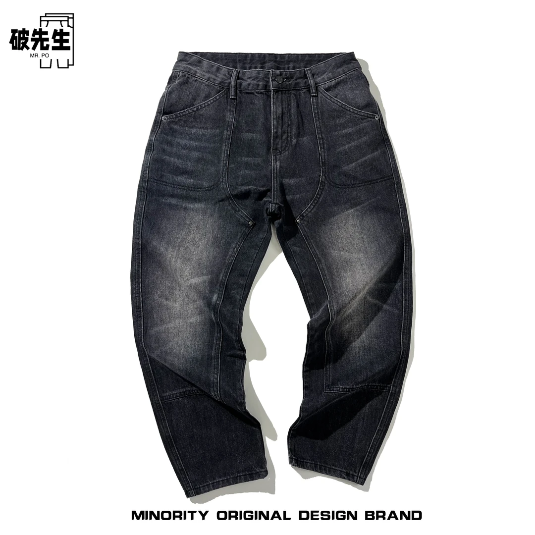 Mr.po/破先生配马丁靴的痞帅高级感黑色牛仔裤男潮牌修身直筒长裤
