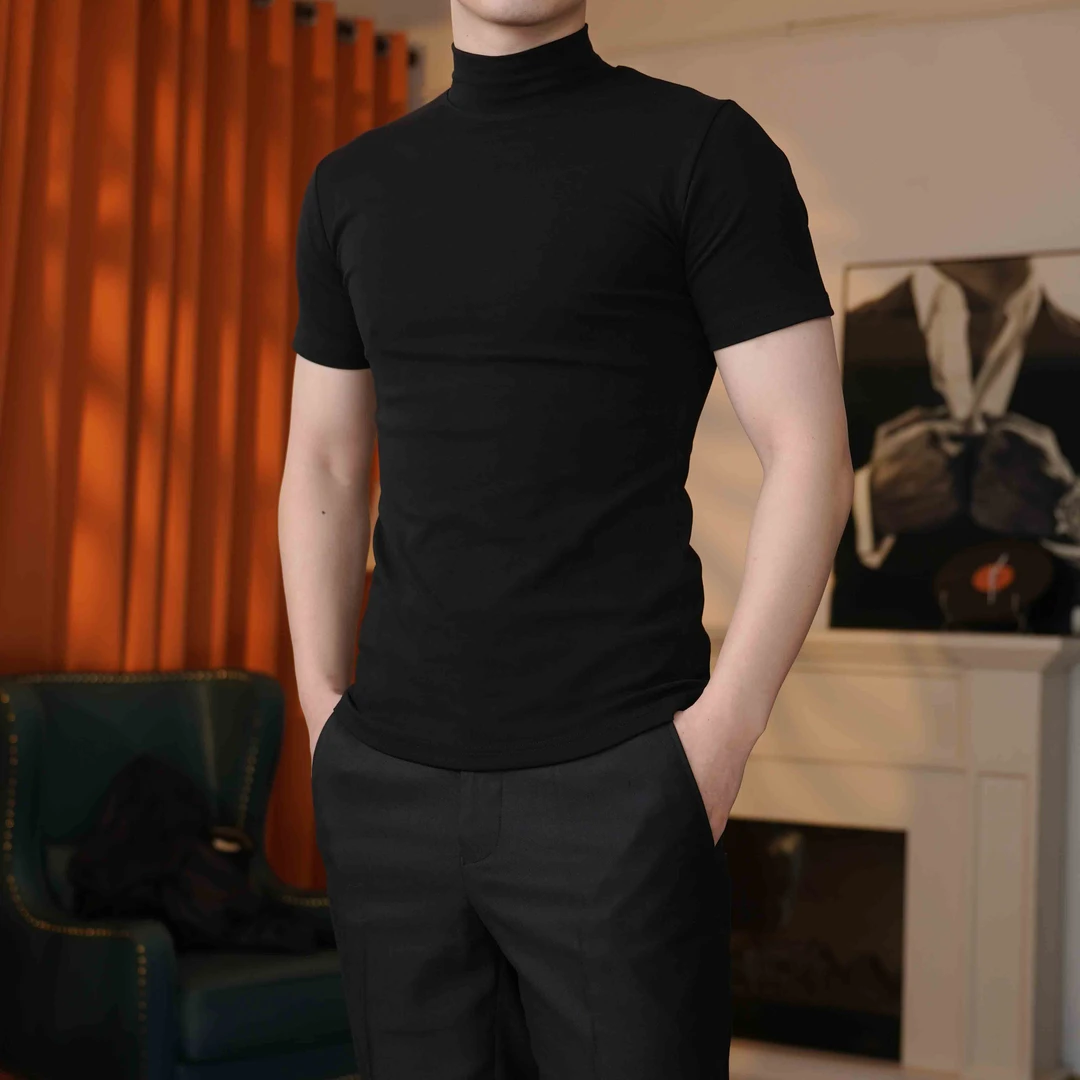 半高领短袖四季通用T恤紧身t恤男韩版休闲潮流针织夏季纯色