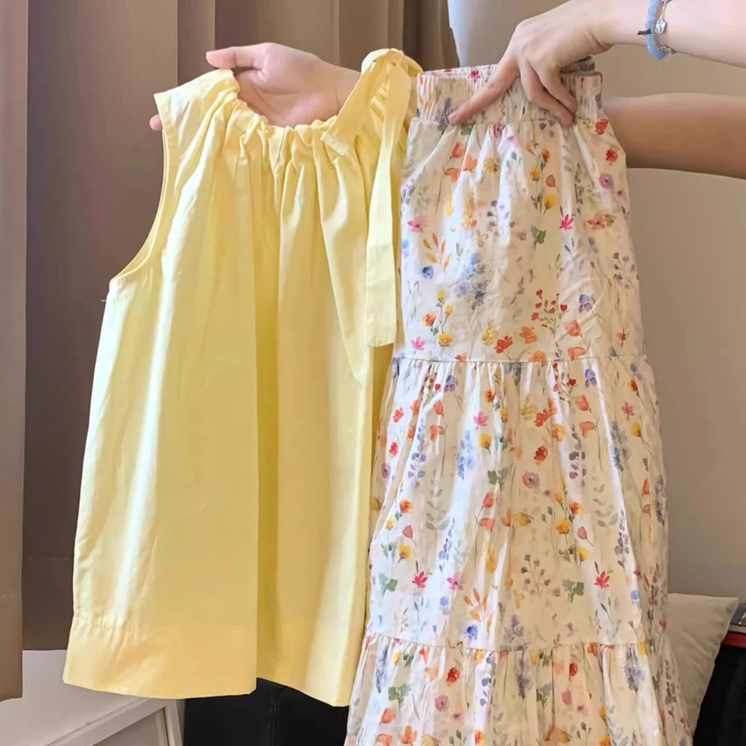 法式背心衬衫女夏季外穿绝美超好看露肩无袖上衣碎花半身裙子套装