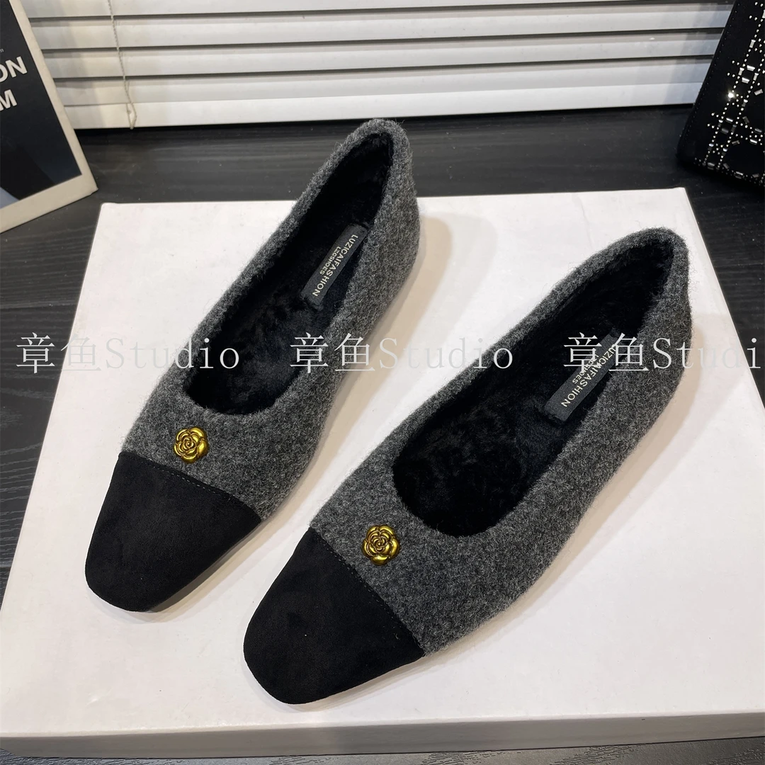 小香风山茶花拼色加绒浅口单鞋女内增高方头毛毛鞋金属扣芭蕾舞鞋