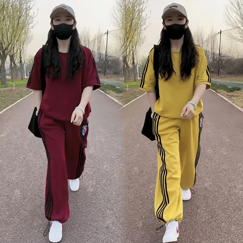欧货休闲运动套装女2025夏季新款宽松显瘦条纹短袖卫衣卫裤两件套
