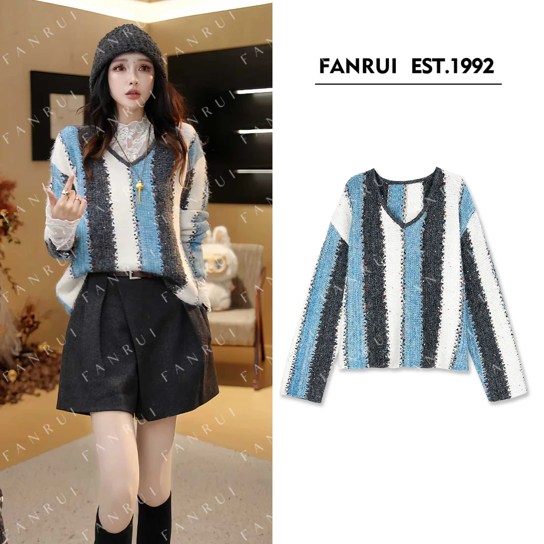 FANRUI/泛芮「贝贝biuu」羊毛竖条纹细闪洋气减龄漂亮针织衫B18644