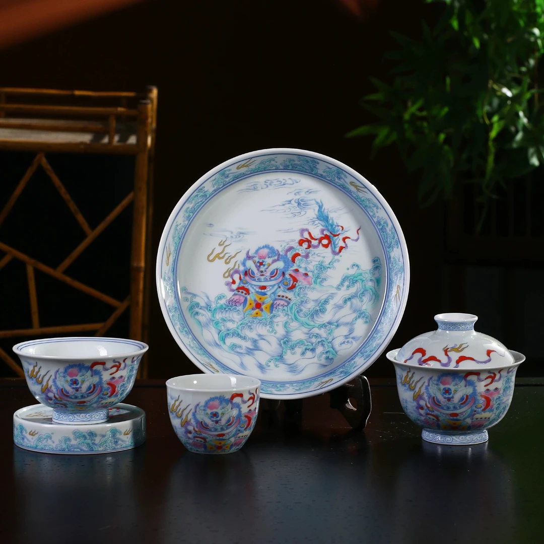 景德镇陶瓷斗彩醒狮盖碗壶承压手杯盖置狮子滚绣球套装茶具