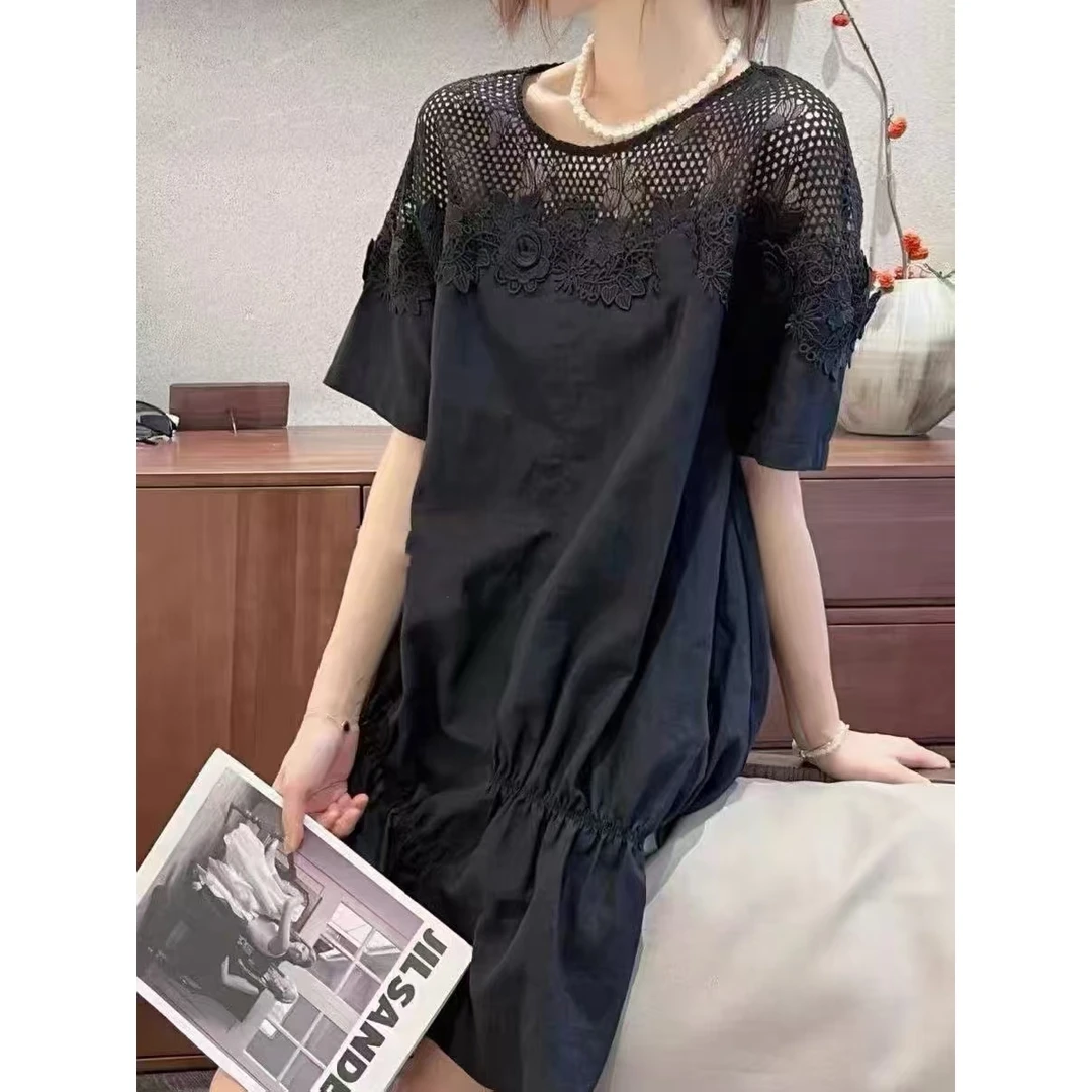 姜小牙【云朵花边】茧型重工刺绣拼接大码显瘦娃娃裙2536