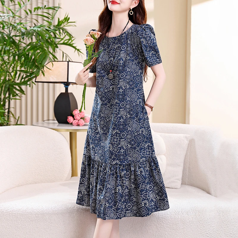 时尚潮牌印花遮肚显瘦碎花连衣裙女2025夏季新款灯笼袖减龄鱼尾裙