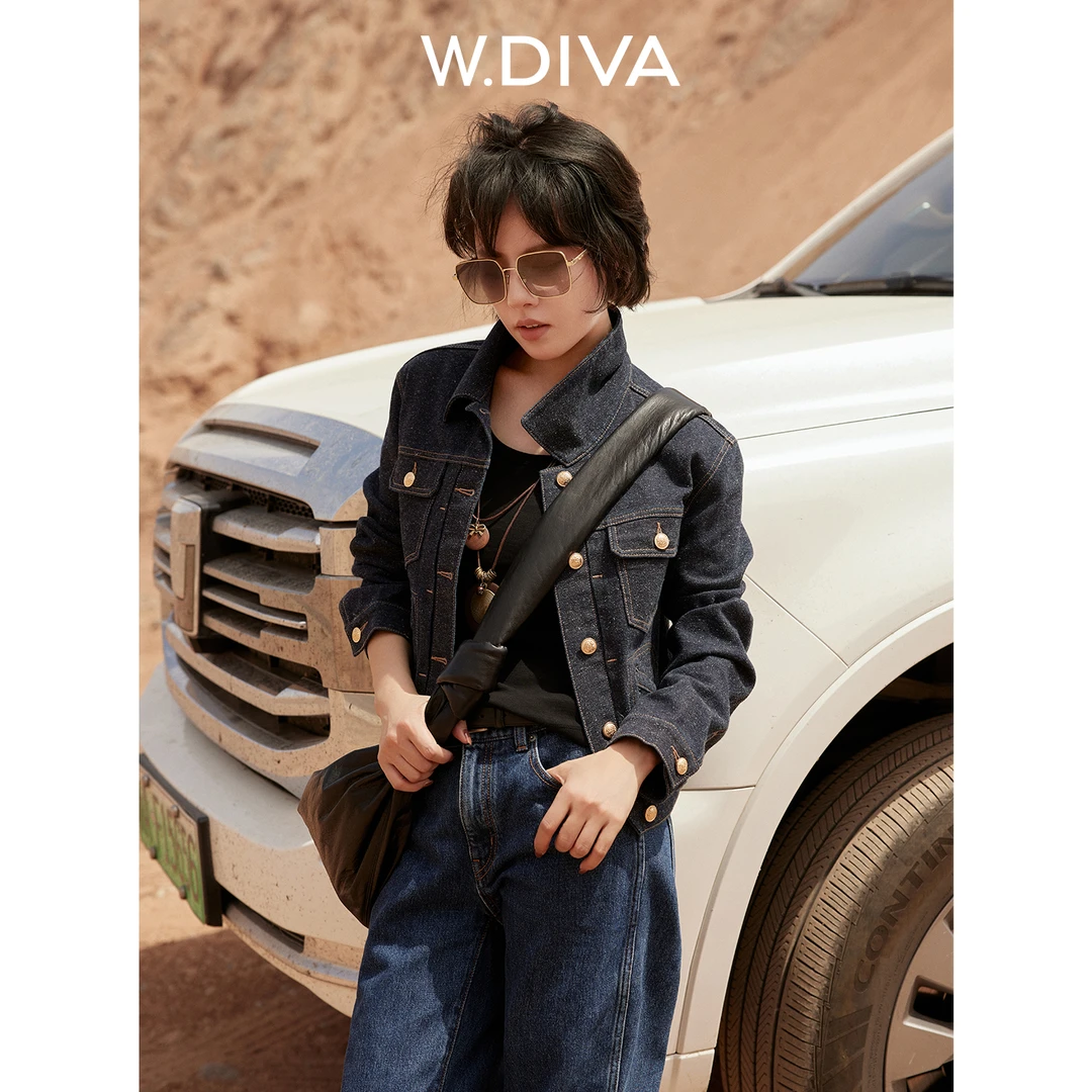 W.Diva【繁星】日本进口点子纱多口袋撞色线翻领牛仔外套53C052583