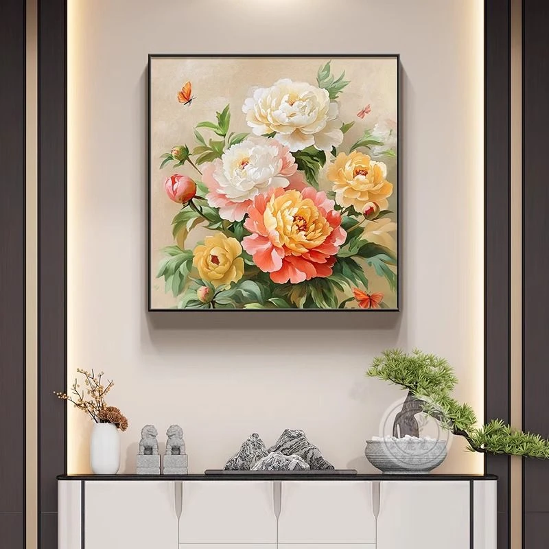 花开富贵餐厅牡丹装饰画中式玄关客厅壁画大气饭厅背景墙挂画