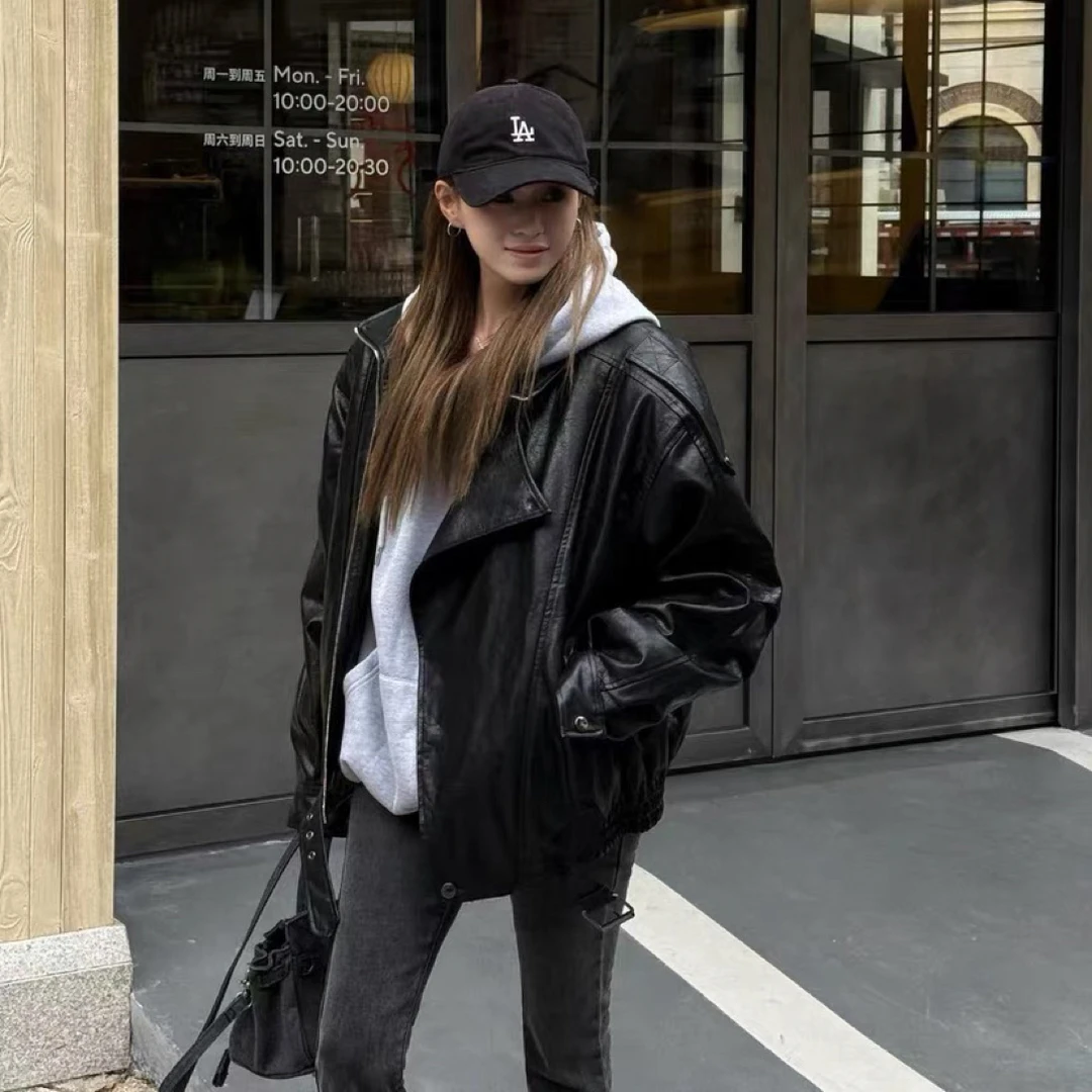 GOD正版财神家2025年冬季新款垫肩宽松洋气pu皮机车夹棉皮衣女潮