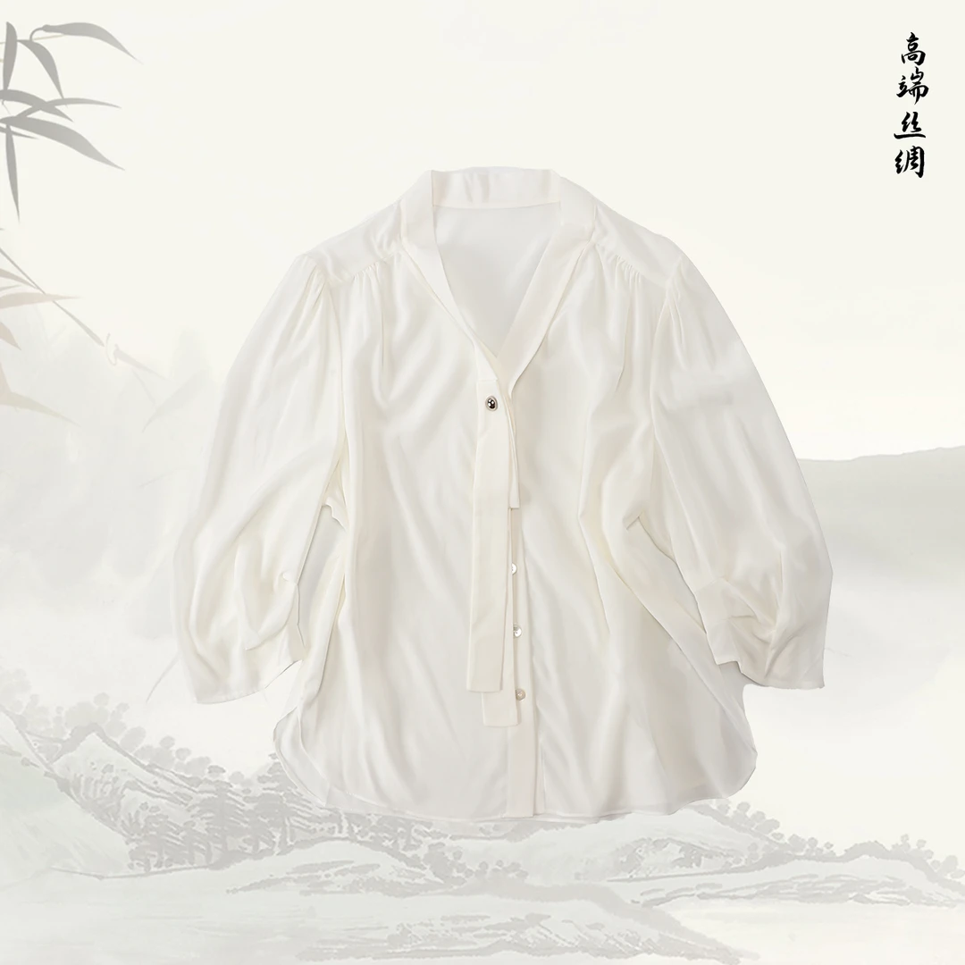 品牌新款飘带白色中袖衬衣气质V领通勤衬衫51320