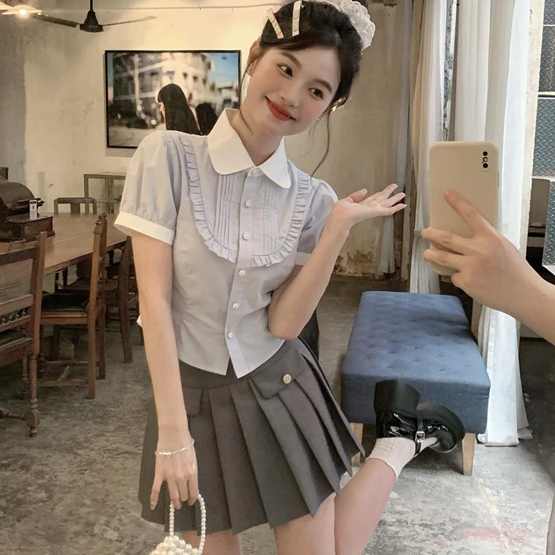 原创设计jk制服套装短袖衬衫小个子修身短裙灰色a字百褶裙女夏