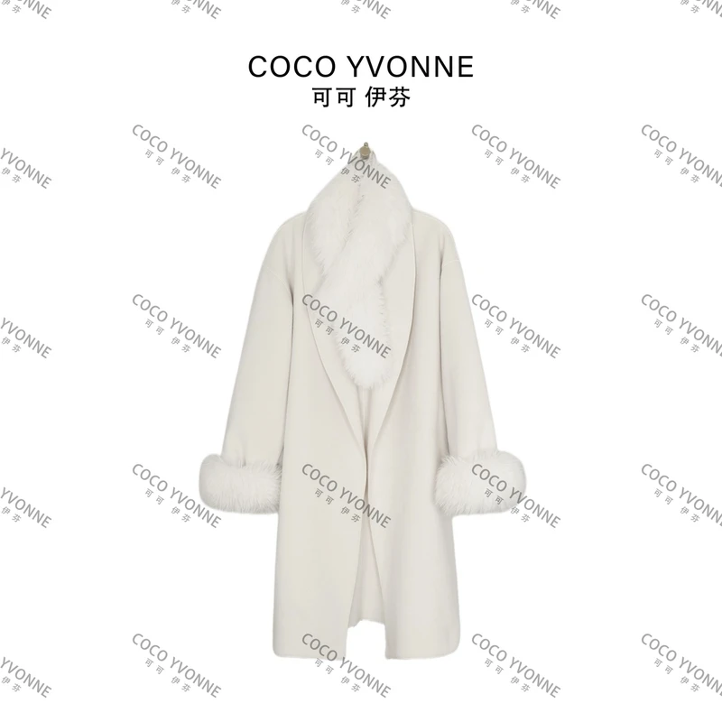 COCO YVONNE慵懒感秋冬可拆卸毛毛绒长款双面呢大衣