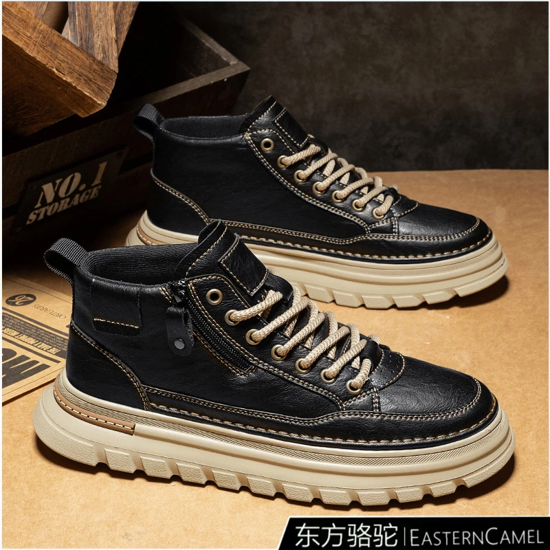 东方骆驼鞋子男2025秋冬复古皮面防水休闲皮鞋中帮运动工装马丁靴