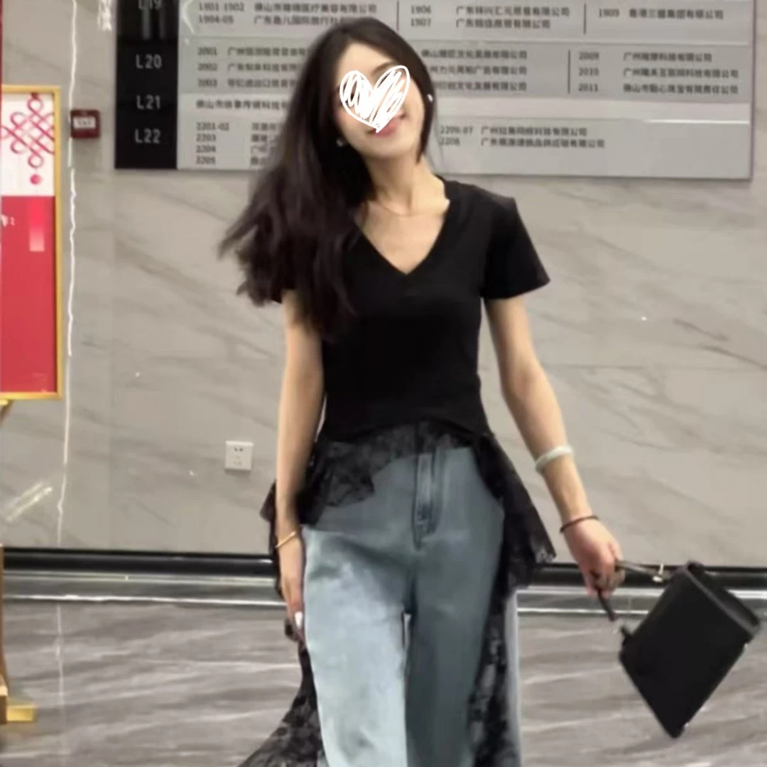 YIDENG不规则显瘦蕾丝拼接领短袖正肩恤女气质收腰好看独特漂亮时