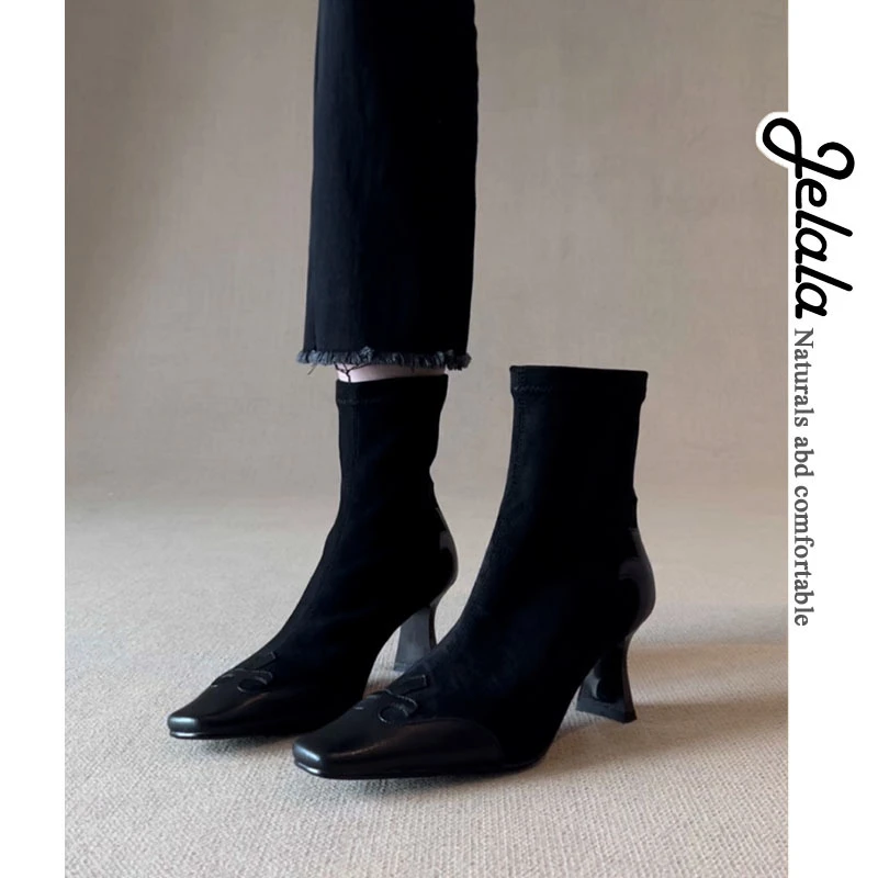 JELALA·黑色尖头细跟短靴女秋冬新款显瘦时尚性感及踝单靴A214