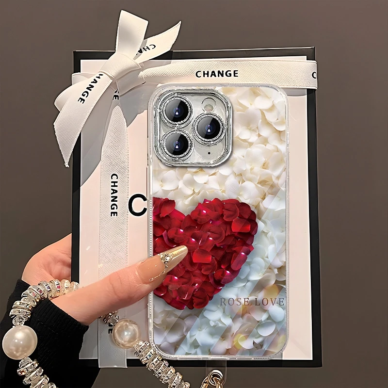 适用于【苹果】14Pro红色爱心玫瑰花瓣时尚精孔羽纱手机壳