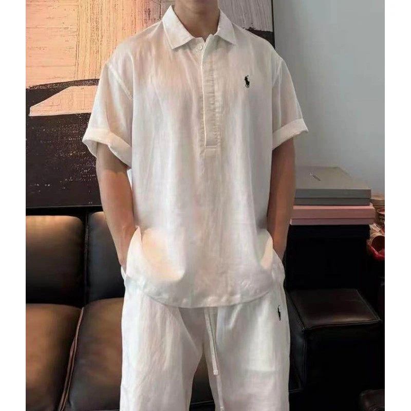 老钱风新贵刺绣薄款亚麻白色休闲套装男夏季高级感痞帅穿搭一整套