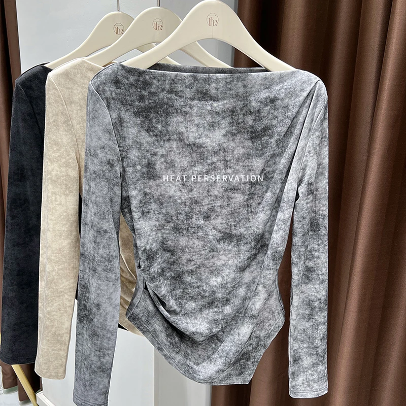 扎染一字领高级感露肩长袖T恤秋冬磨毛不规则下摆上衣薄绒打底衫