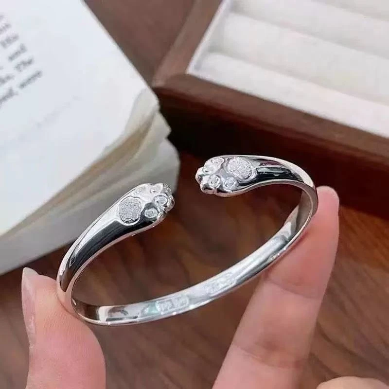 足银手镯 足银999.9猫抓手镯活口银镯子可爱女生送闺蜜送朋友