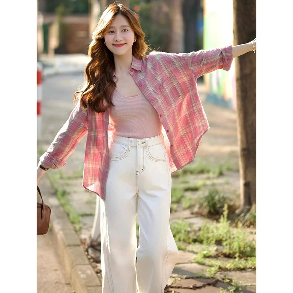 2025春夏季新款穿搭两件套女休闲时尚格子衬衫上衣牛仔裤大码套装