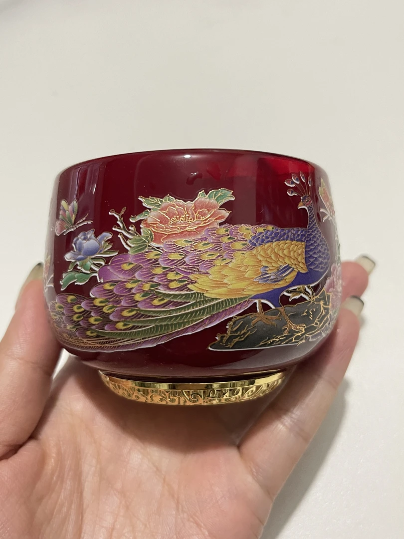 玛瑙色大琉璃孔雀开屏琉璃杯带夜光茶具主人杯手工精美