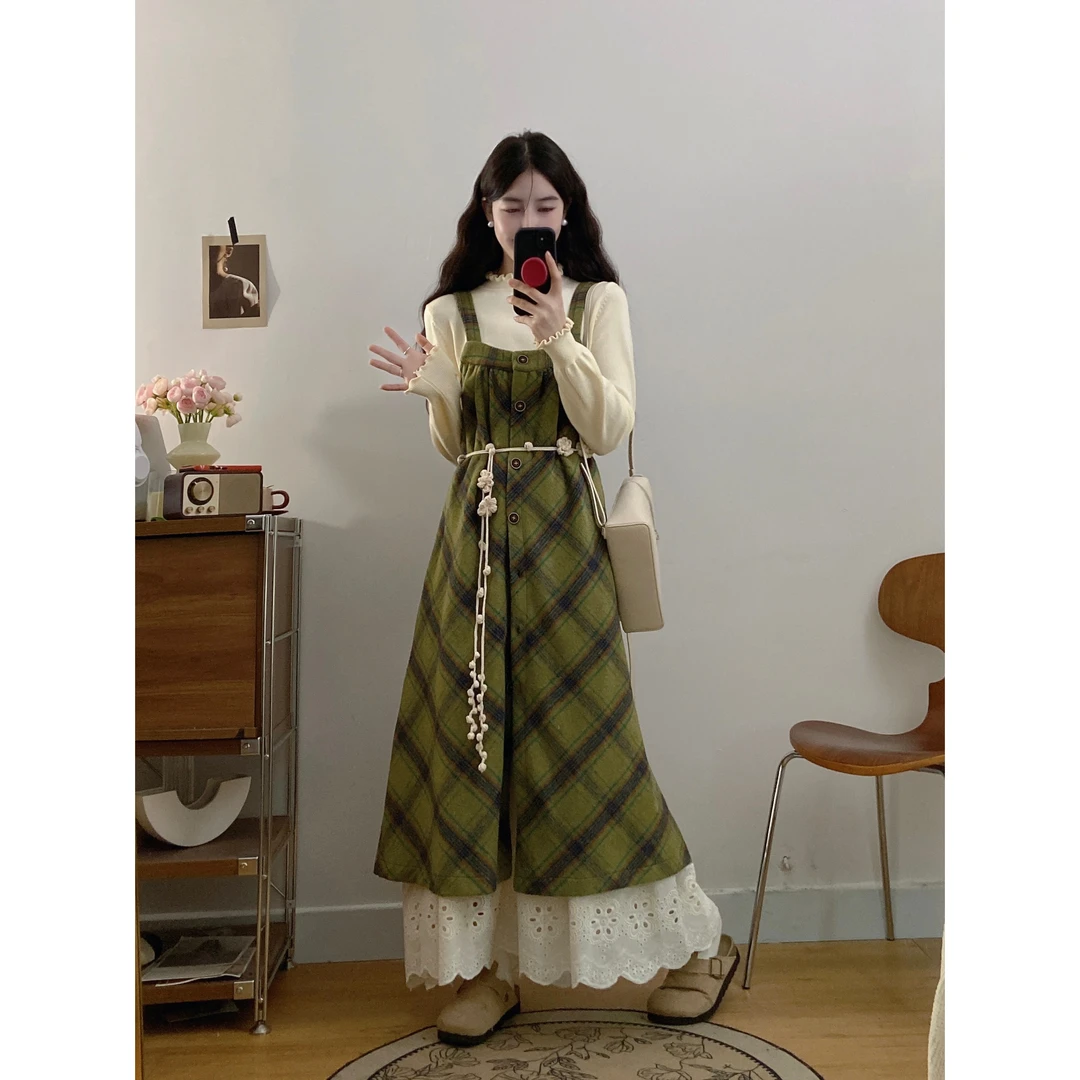 大码绿色长袖收腰背带连衣裙套装秋冬减龄甜美气质长裙子