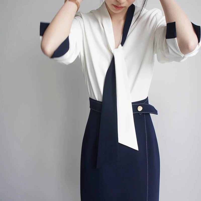 SS3184撞色系带黑藏青套头长袖衬衫高腰不对称半身裙时髦两件套装