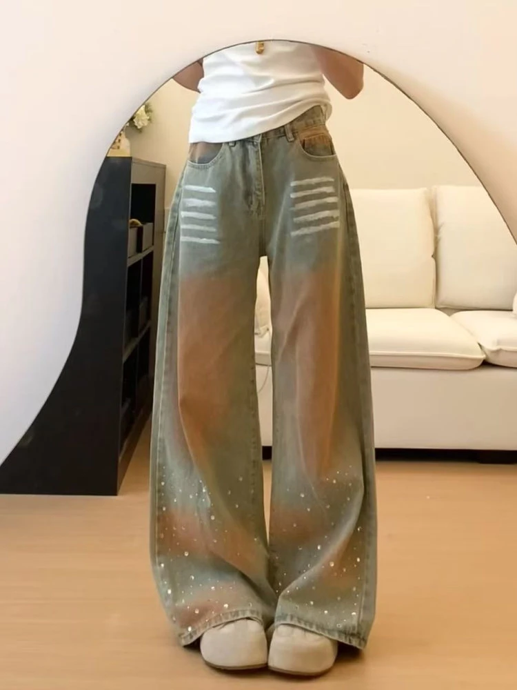 美式复古做旧水洗脏染烫钻牛仔裤女设计感高腰显瘦宽松阔腿直筒裤