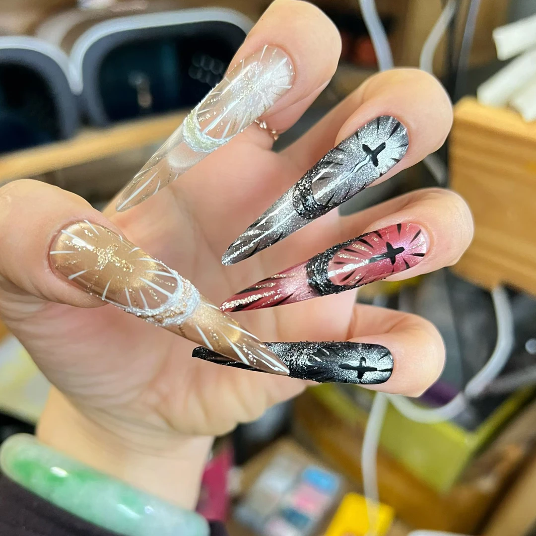 法式亚文化AB款十字架猫眼显白高级设计手工穿戴美甲片