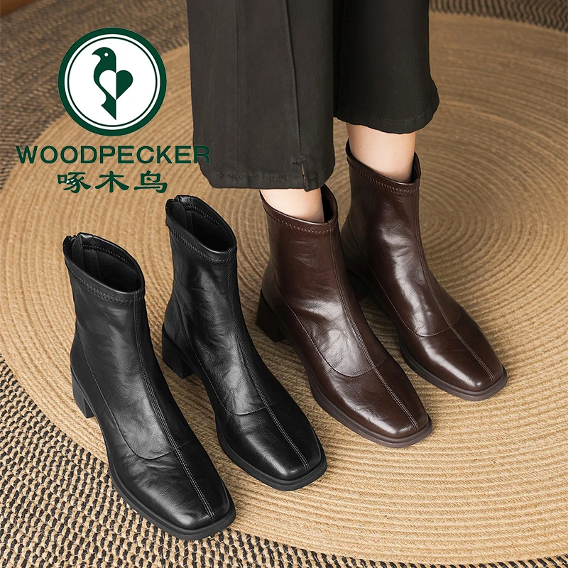 啄木鸟短靴2025冬季新款加绒保暖粗跟瘦瘦靴高跟秋冬马丁靴时装靴