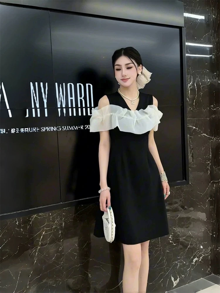 赫本风优雅气质一字肩吊带连衣裙女收腰开叉中裙2025夏季新款女装