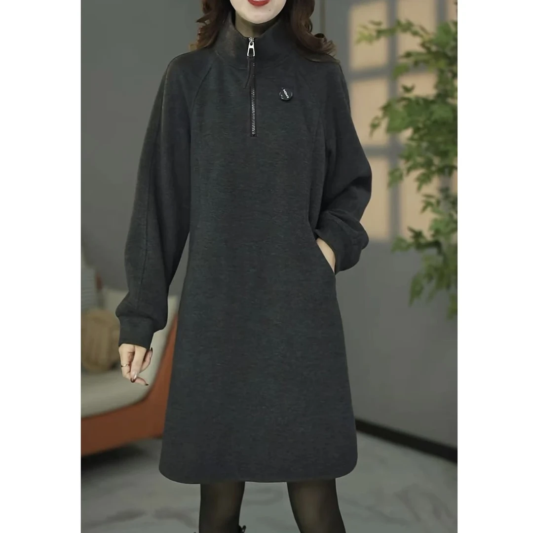 【连衣裙】2025冬季新款时尚气质休闲洋气加厚立领宽松显瘦连衣裙