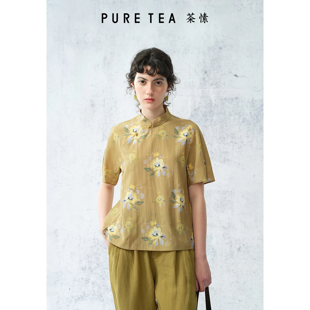 【商场同款】puretea茶愫新中式旗袍领衬衫女短袖上衣TJ0902C21